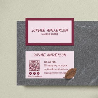 Carte De Visite Elegant Burgundy Makeup Artist with QR Code
