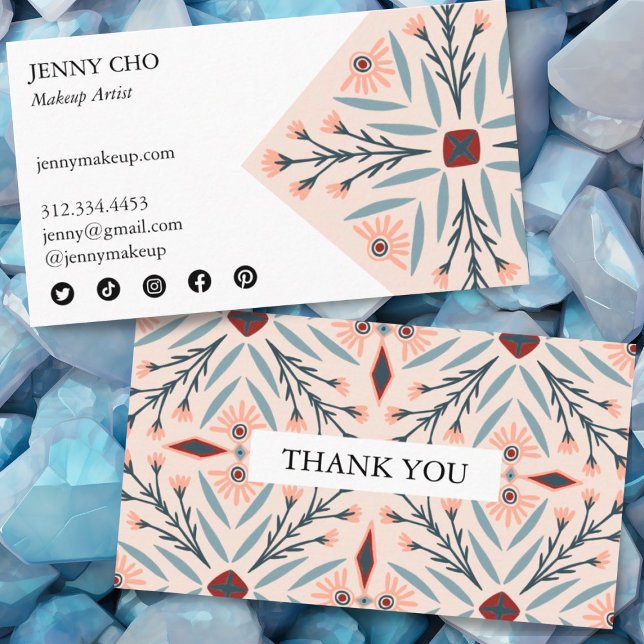 Carte De Visite Elégant Carreaux Floraux Géométrique Pink Ordre Me (Order thank you card with custom social media icons. Pretty pink design.)