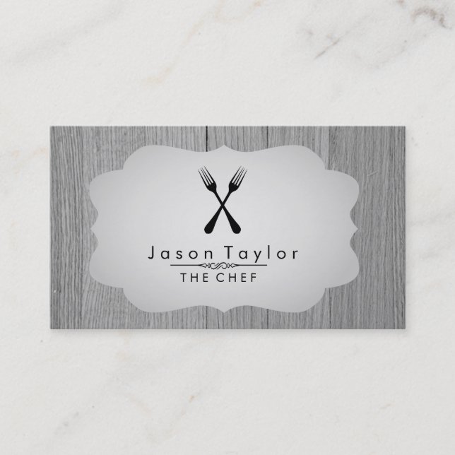 Carte De Visite Élégant Chef Cuisine Retro Fork Bois Gris (Devant)