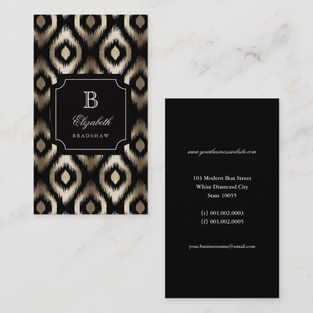 Carte De Visite Élégant Chic Black Gold Foil Diamond Ikat Monogram (Devant / Derrière)