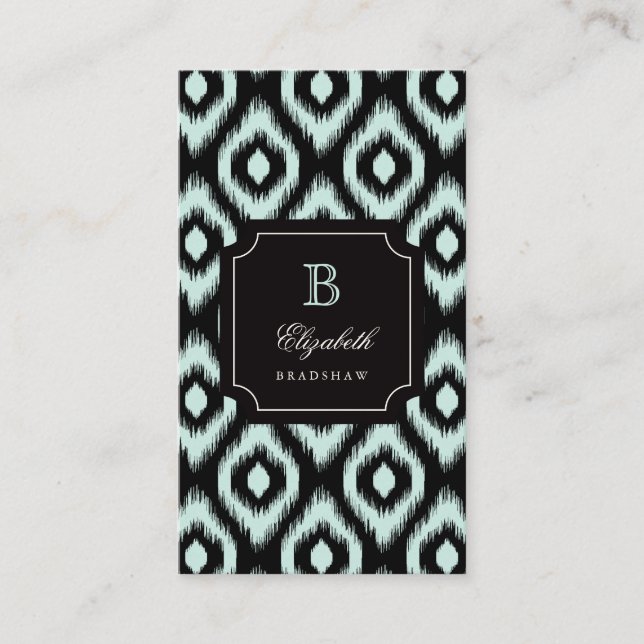 Carte De Visite Élégant Chic Black Mint Diamond Ikat Monogramme (Devant)