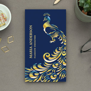 Carte De Visite Élégant Chic Bleu Or Feuille Brillante Paon