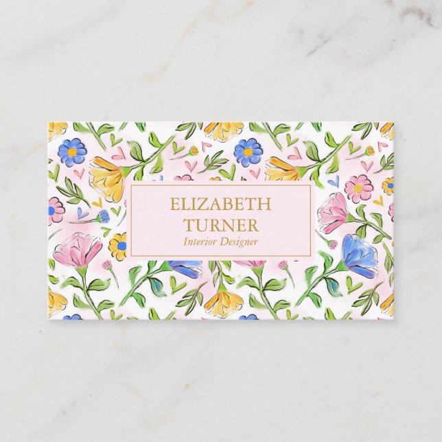 Carte De Visite Élégant Chic Blush rose jaune bleu floral (Devant)