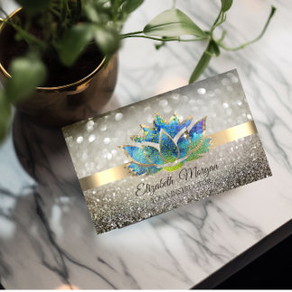 Carte De Visite Élégant Chic Bokeh Or, Lotus Bleu Yoga