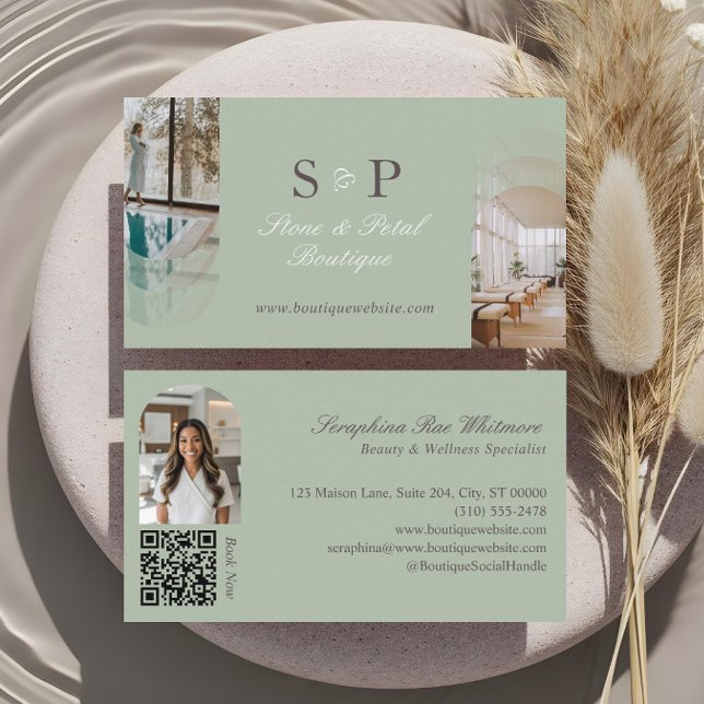 Carte De Visite Élégant Chic Code QR Monogramme Photos d'Arche Élé (Stylish Chic Elegant Arch Photos Monogram QR Code Business Card)