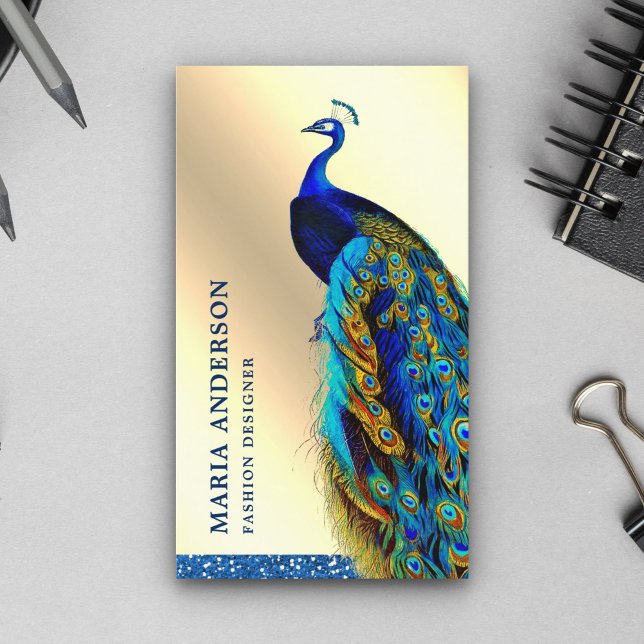 Carte De Visite Elégant Chic Cream Gold Foil Blue Indian Peacock (Créateur téléchargé)