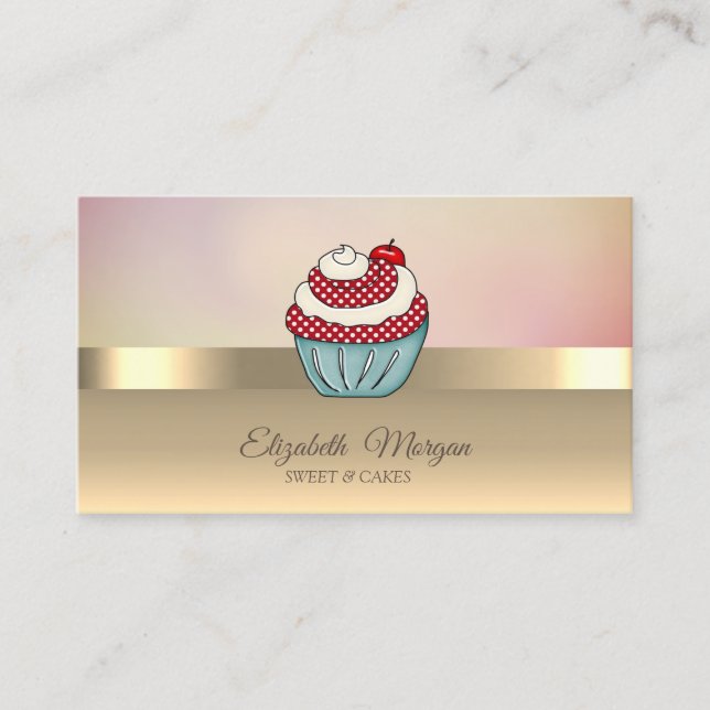 Carte De Visite Elégant Chic Gold Cupcake Cerise (Devant)