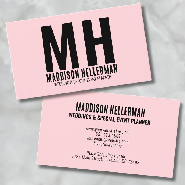 Carte De Visite Élégant Chic Moderne Monogramme rose (Simple Minimal Girly Pink Modern Monogram Business Card)