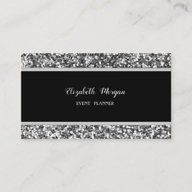 Carte De Visite Élégant Chic, Noir, Argent Paillettes (Devant)