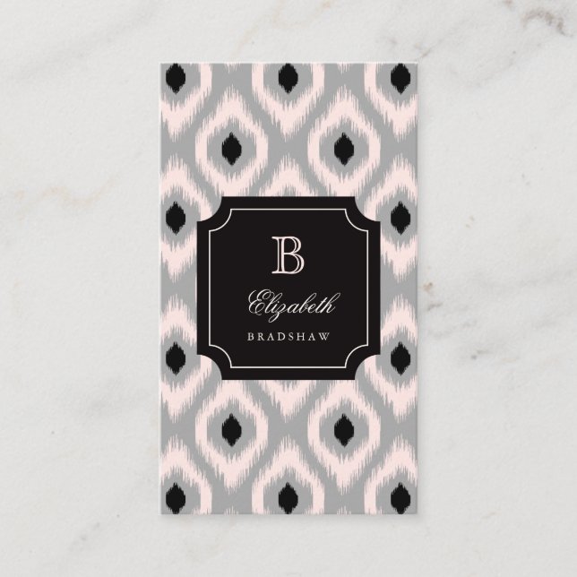 Carte De Visite Élégant Chic noir rose diamant Ikat Monogramme (Devant)
