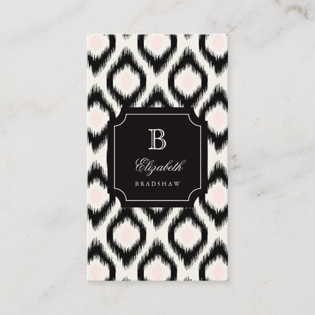 Carte De Visite Élégant Chic noir rose diamant Ikat Monogramme (Devant)