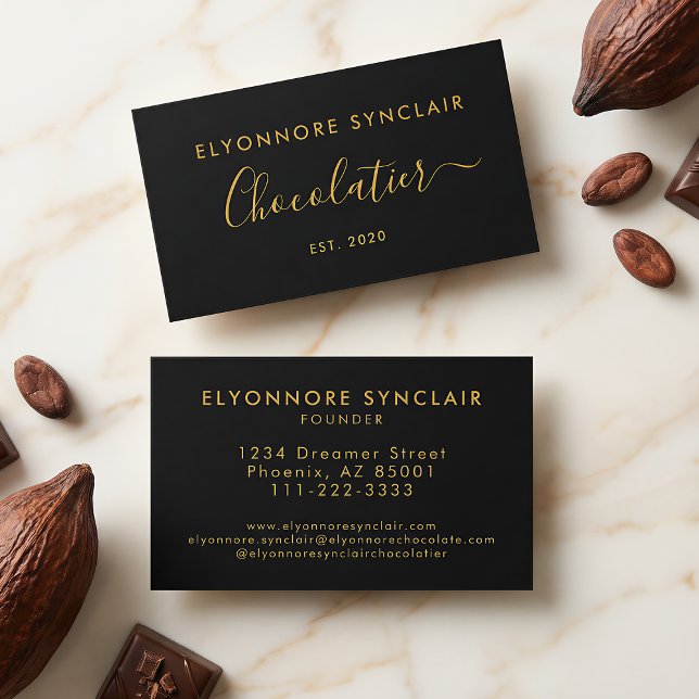 Carte De Visite Élégant Chocolatier Script Or Marque Noir (Créateur téléchargé)