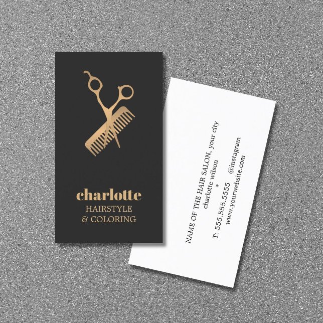Carte De Visite Elégant Ciseau Or Faux foncé Comb Gras Coiffeur (Créateur téléchargé)