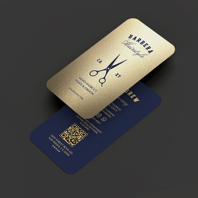 Carte De Visite Élégant Ciseaux dorés barbier moderne (Elegant Modern Barber Blue Gold Scissors Business Card
)