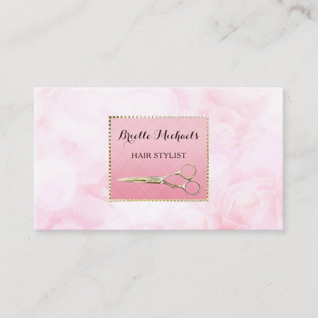Carte De Visite Elégant ciseaux or Chic rose floral coiffeuse (Devant)