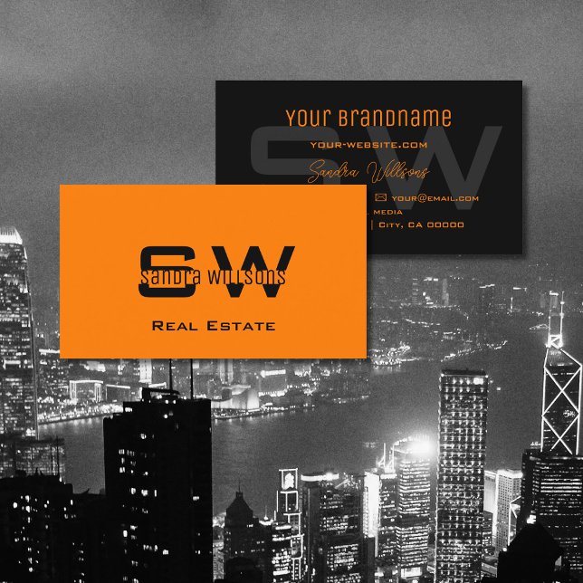 Carte De Visite Élégant clair orange noir simple avec Monogramme (Créateur téléchargé)
