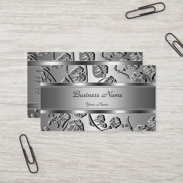 Carte De Visite Élégant Classe Aspect Argent Embossé Image (Devant/Arrière en situation)