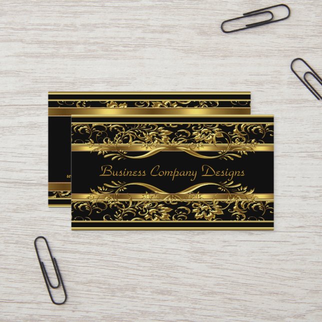 Carte De Visite Elégant Classy Gold Noir Damas Embossé Look (Devant/Arrière en situation)