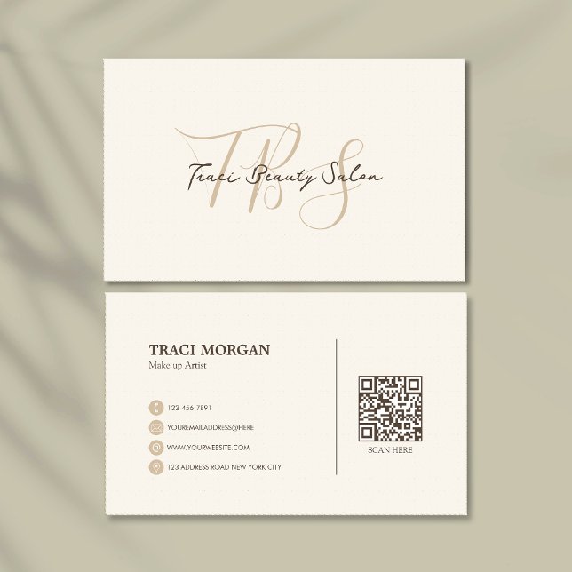 Carte De Visite Élégant Code QR Crème Beige Écriture Féminine (Créateur téléchargé)