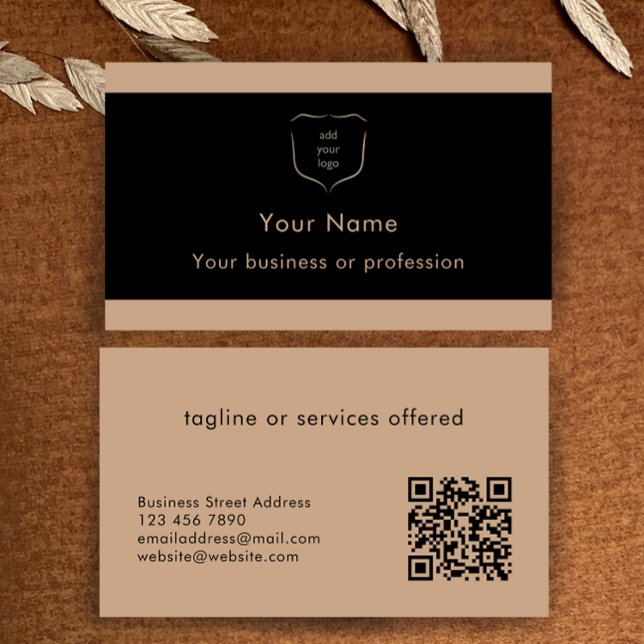 Carte De Visite Élégant code QR Logo Noir & Brun Professionnel (Custom elegant modern black and tan professional business card templates. Add logo and QR code.
)