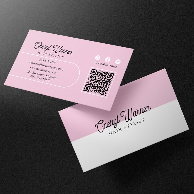 Carte De Visite Élégant Code QR Minimal Rose Script Coiffeur (Créateur téléchargé)