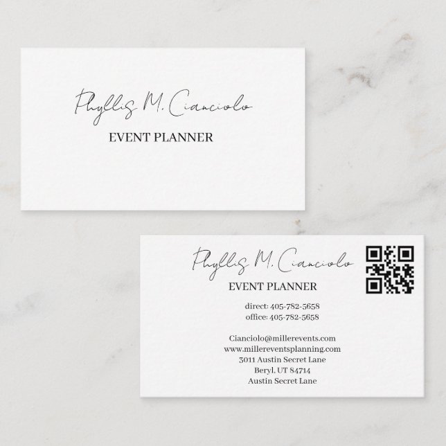 Carte De Visite Élégant Code QR Planificateur d'événements en écri (Devant / Derrière)