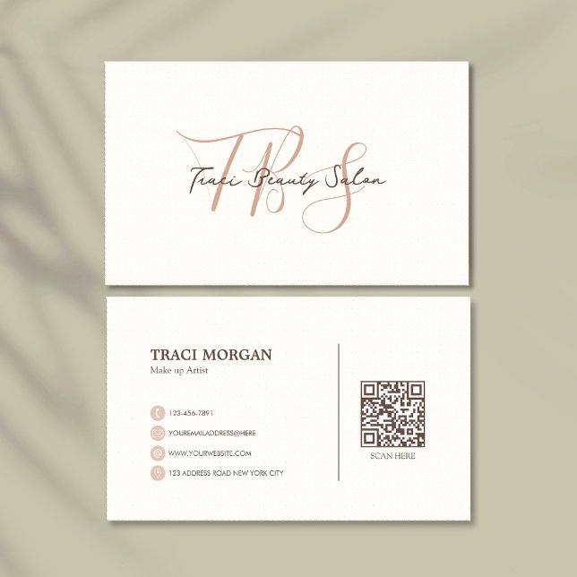Carte De Visite Élégant Code QR Rose Crème Écriture Féminine (Créateur téléchargé)