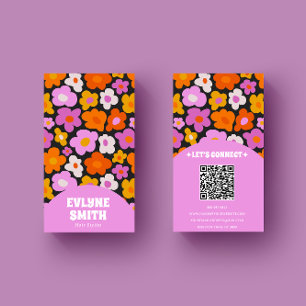 Carte De Visite Élégant code QR rose rétro couleur Super Floral