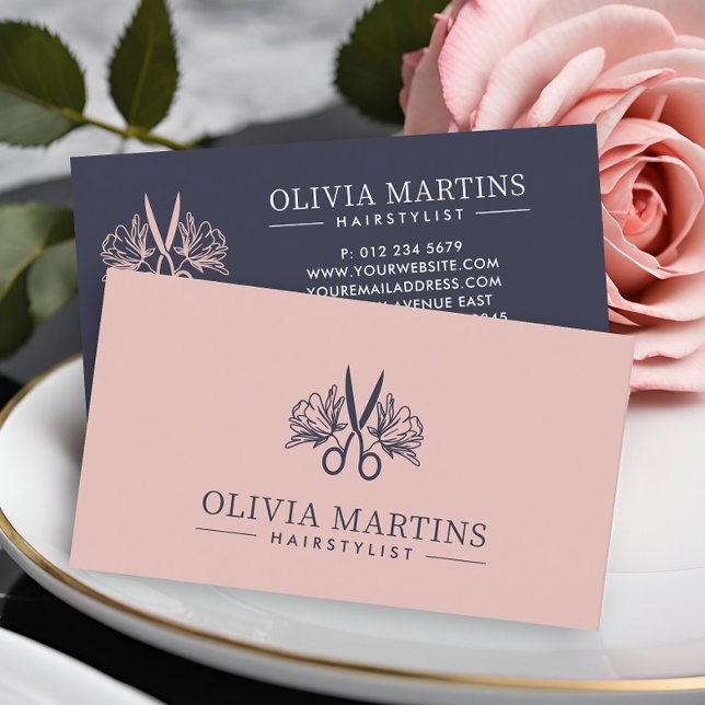 Carte De Visite Élégant coiffeur Petal & Charcoal QR Code Logo (Créateur téléchargé)