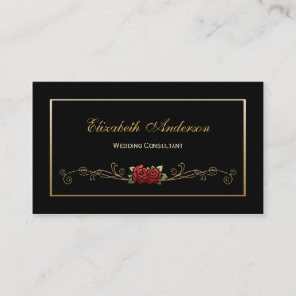 Carte De Visite Élégant consultant Mariage noir et or Red Rose