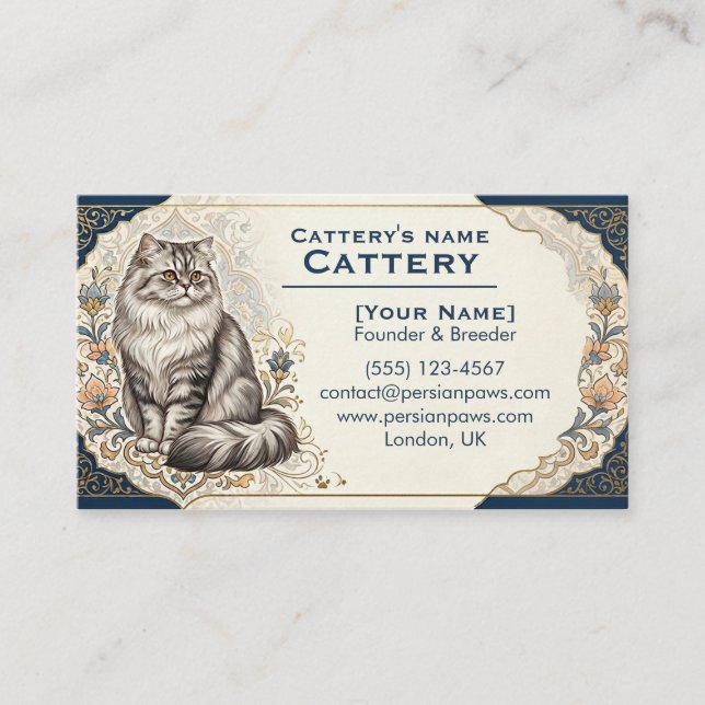 Carte De Visite Elegant Custom Persian Cat Cattery Business Card  (Devant)