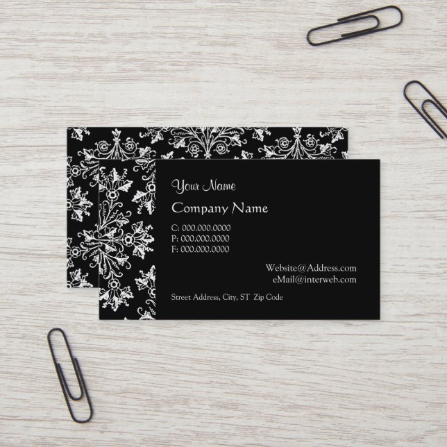 Carte De Visite Elegant Daisy Damask in White on Black Custom (Devant/Arrière en situation)