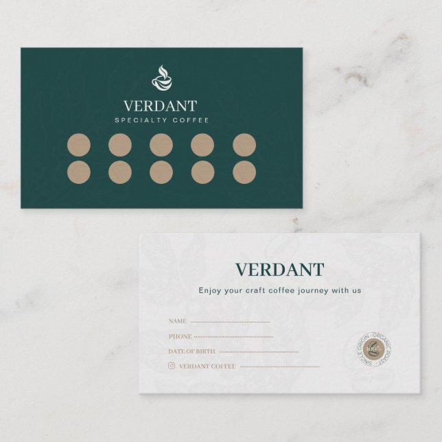 Carte De Visite Elegant Dark Green Specialty Coffee Loyalty Card (Devant / Derrière)