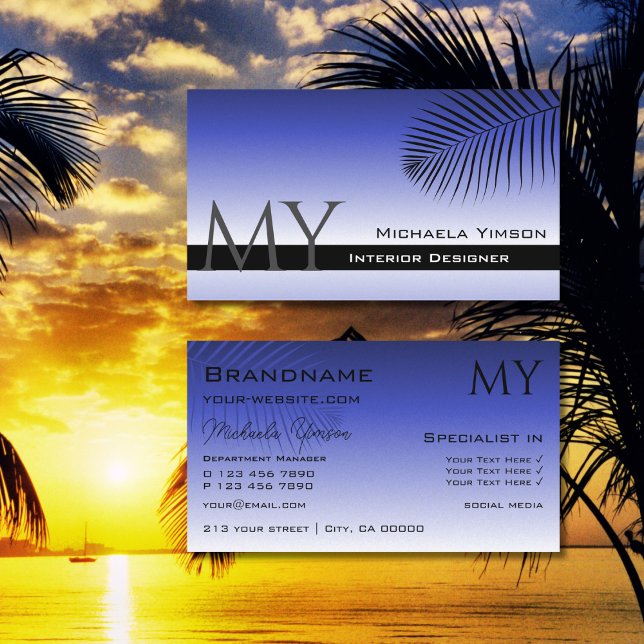 Carte De Visite Elégant dégradé bleu et feuille de palme avec Mono (Créateur téléchargé)