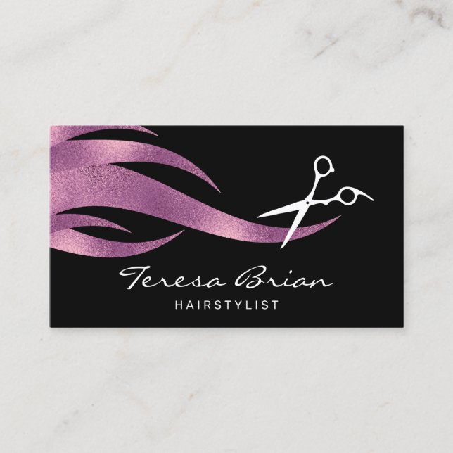 Carte De Visite Elégant design chic ciseaux violet coiffeuse (Devant)