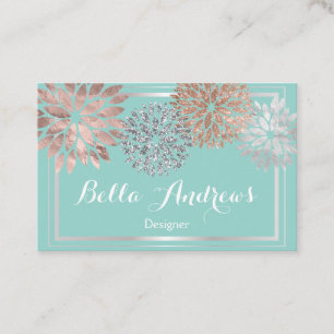 Carte De Visite Elégant design de fleurs turquoise et argentée Dah