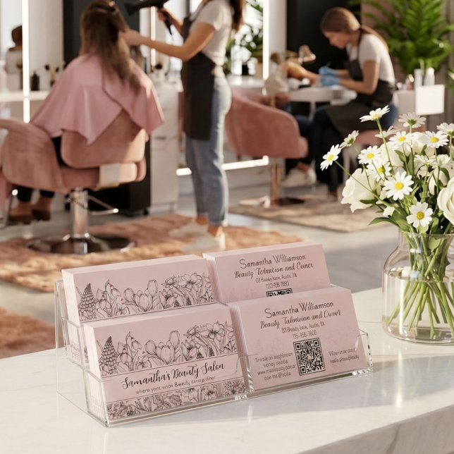 Carte De Visite Élégant dessin de fleur sauvage Code QR rose blush (Créateur téléchargé)