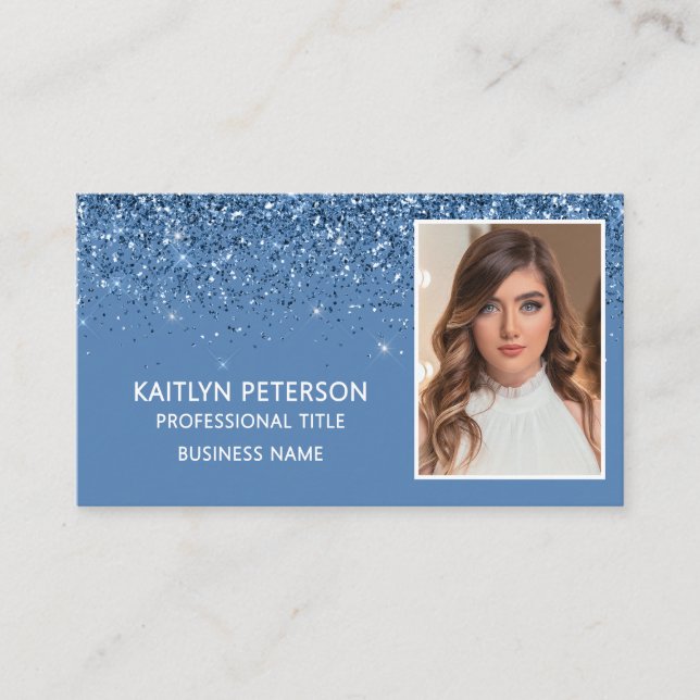Carte De Visite Elegant Dusty Blue Glitter Photo QR Code  (Devant)