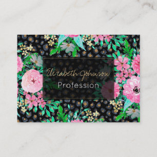 Carte De Visite Elégant Empreinte de léopard et rose floral noir