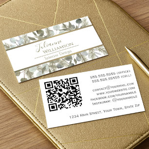 Carte De Visite Elégant Eucalyptus & Pine Sage & Gold QR Code