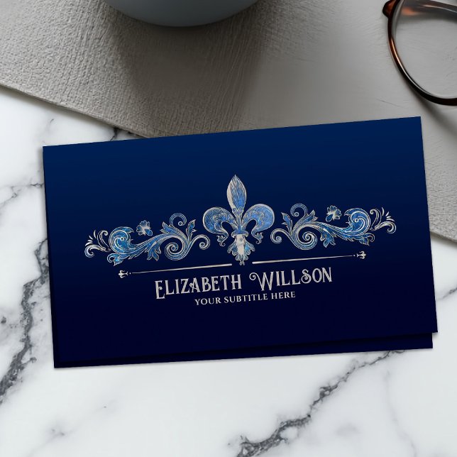 Carte De Visite Élégant Fleur-de-lis Perle et marbre bleu (Créateur téléchargé)