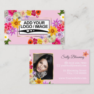 Carte De Visite Élégant Fleur sauvage Baby Pink avec logo et photo