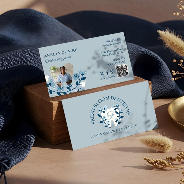 Carte De Visite Élégant floral florant Dental Tooth Logo Monogramm (Elegant Floral Blooming Dental Tooth Logo Monogram Business Card)
