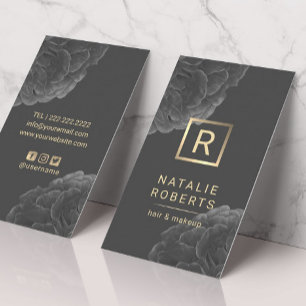 Carte De Visite Élégant floral foncé Monogramme or Logo Maquillage