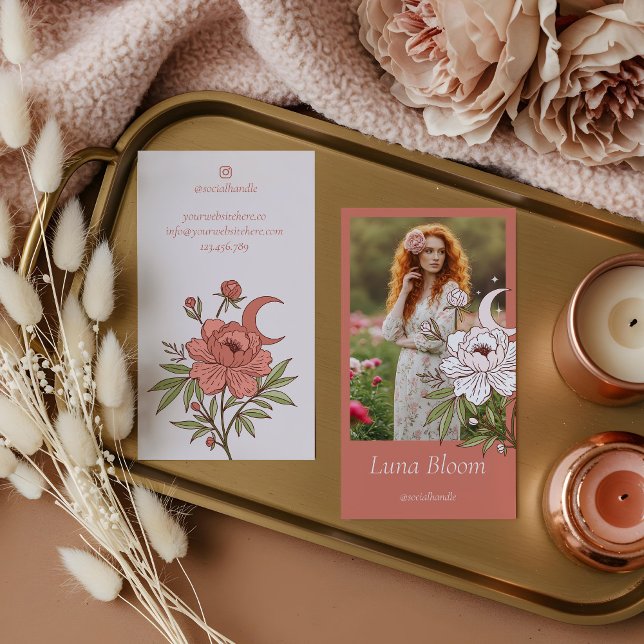 Carte De Visite Elégant floral Peony Celestial Holistic Moon Photo (Elegant Floral Peony Celestial Holistic Moon Photo Business Card)