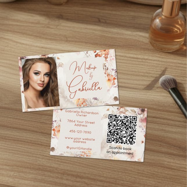 Carte De Visite Elegant Floral Social Icon QR Code Photo Makeup (Créateur téléchargé)
