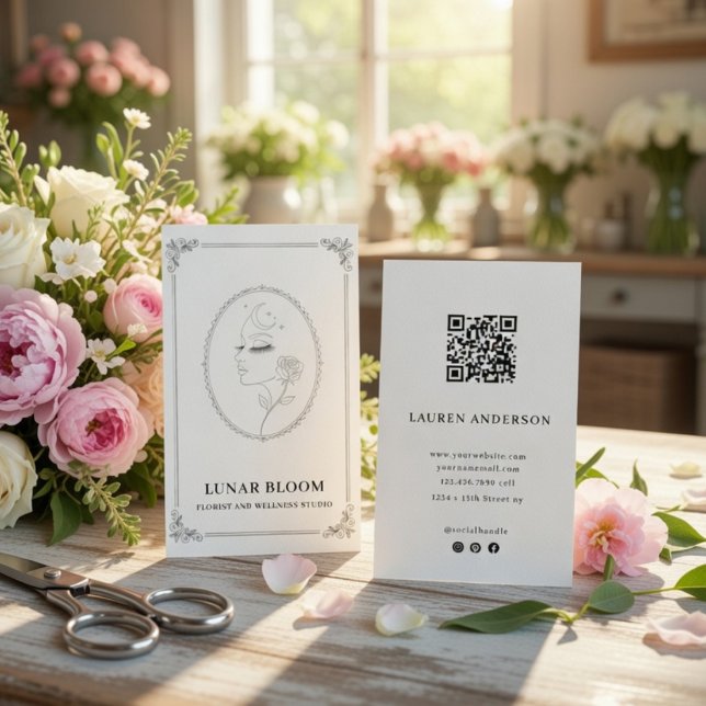 Carte De Visite Elegant Floral Wellness Business Card with QR Code (Créateur téléchargé)