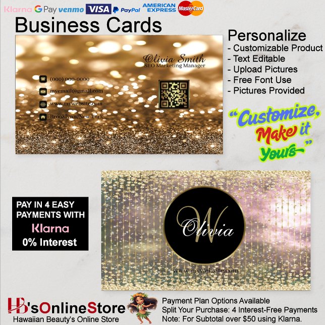 Carte De Visite Elégant Girly Gold rideaux perlé Parties scintilla (Elegant Girly Gold Beaded Curtains Glitter QR Code Business Card 24.)