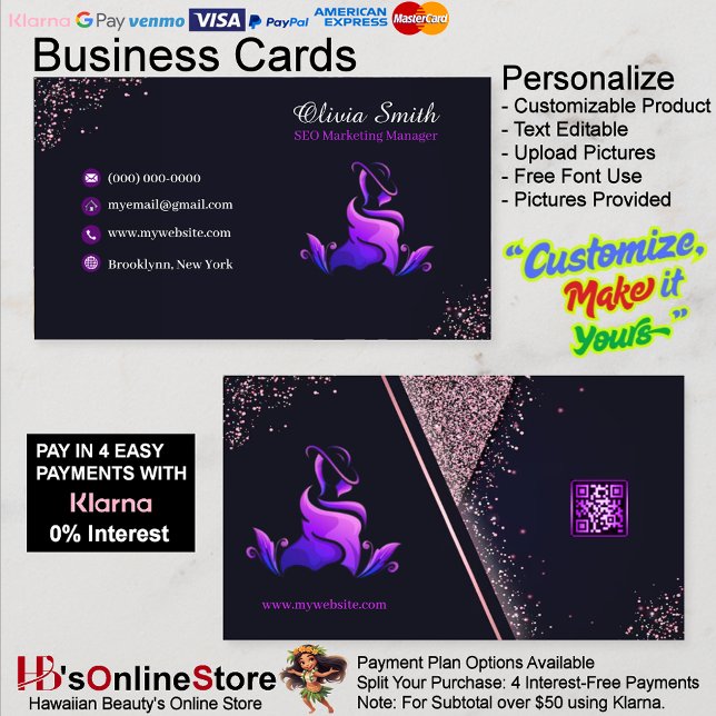 Carte De Visite Elegant Girly Purple Marine Parties scintillant QR (Elegant Girly Purple Navy Glitter QR Code Business Card 22.)