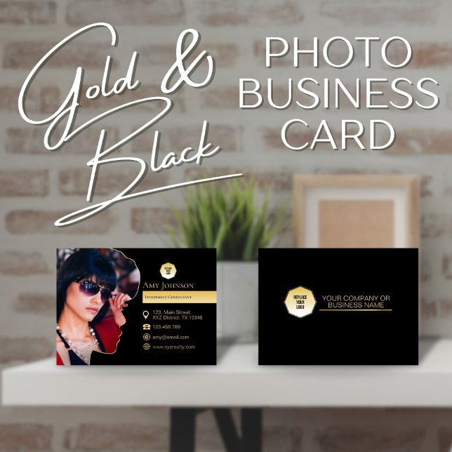 Carte De Visite Elegant Gold & Black, Ajouter sa propre photo et l (gold and black add your own photo business card)